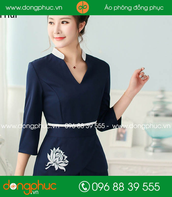 đồng phục spa màu tím than cổ trắng